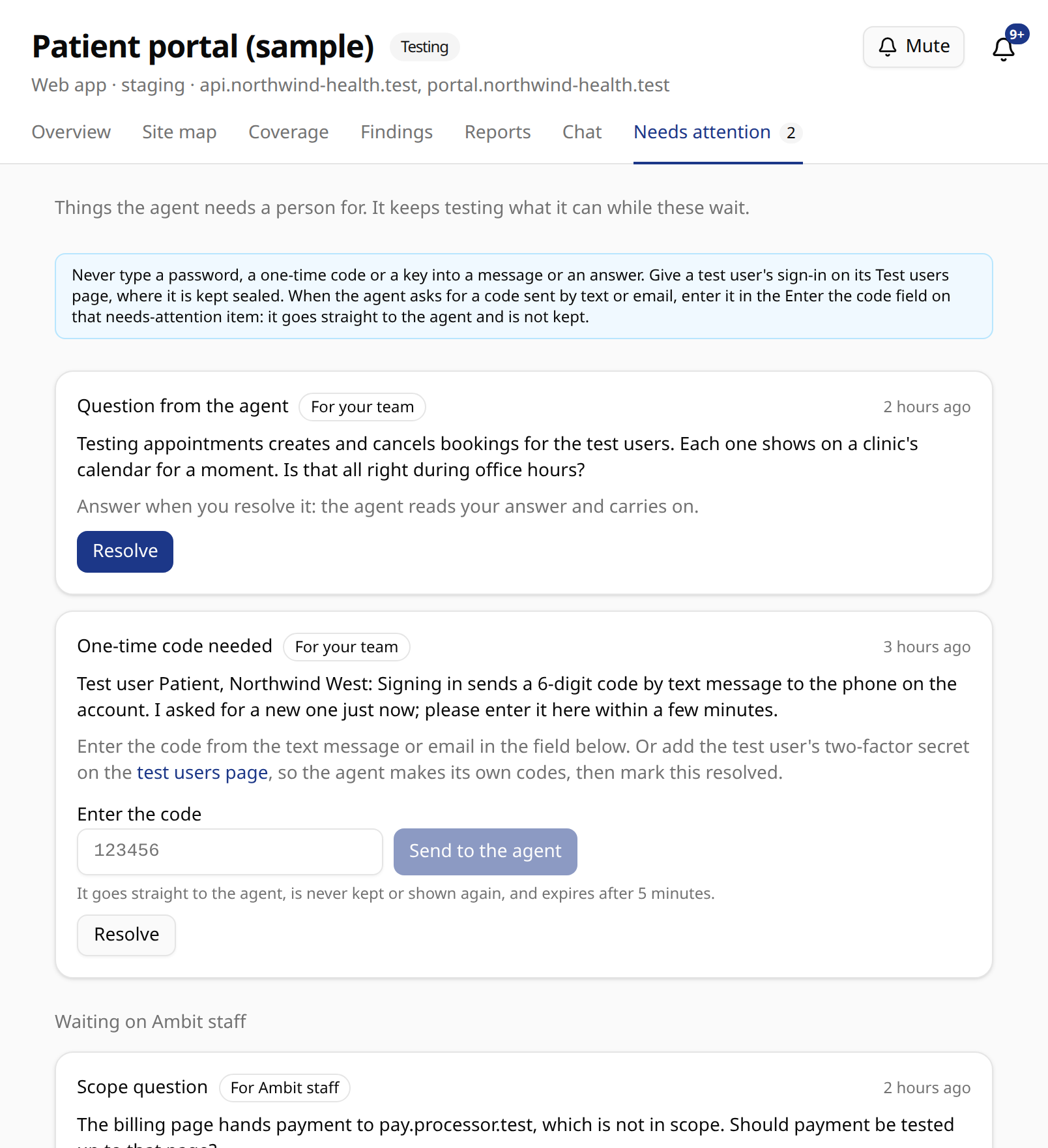 Questions from the agent in a sample engagement: whether booking tests may run during office hours, and a one-time code it needs.