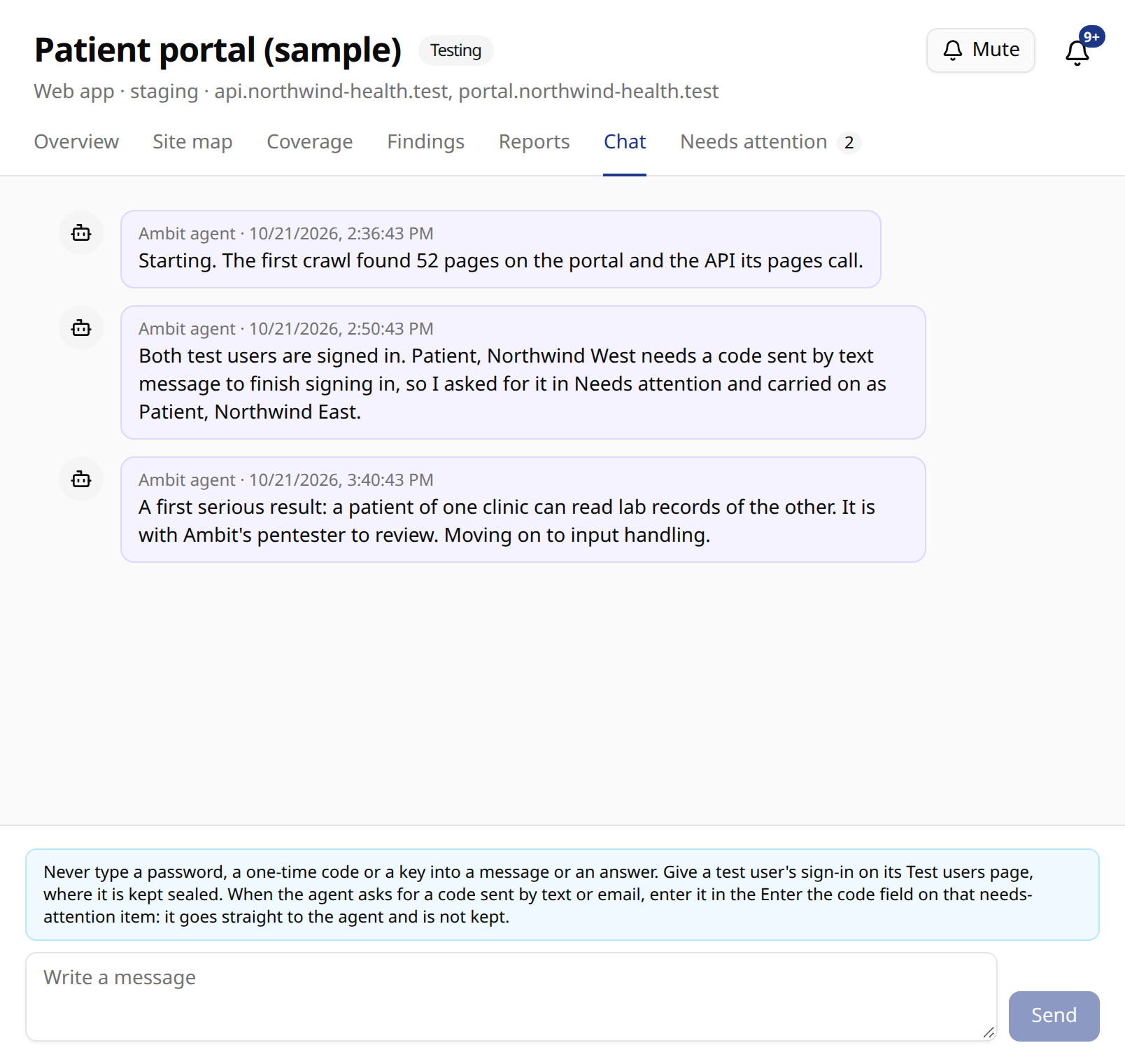 The chat of a sample engagement: the agent reports its first crawl, a test user that needs a code, and a first serious result it has passed to Ambit's pentester to review.