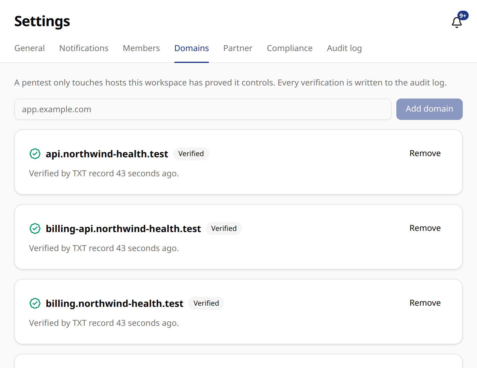 Domains in a sample workspace, each marked Verified by a DNS TXT record.