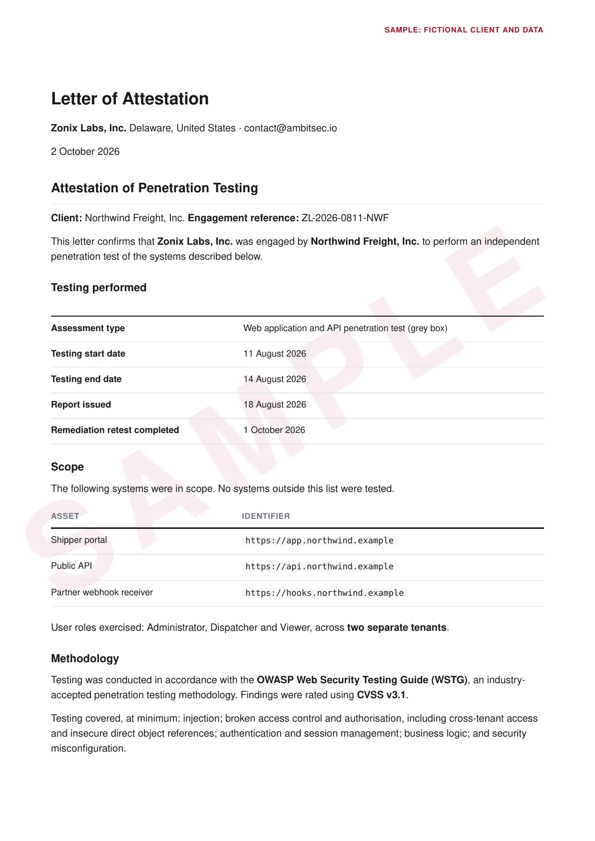 First page of the sample attestation letter