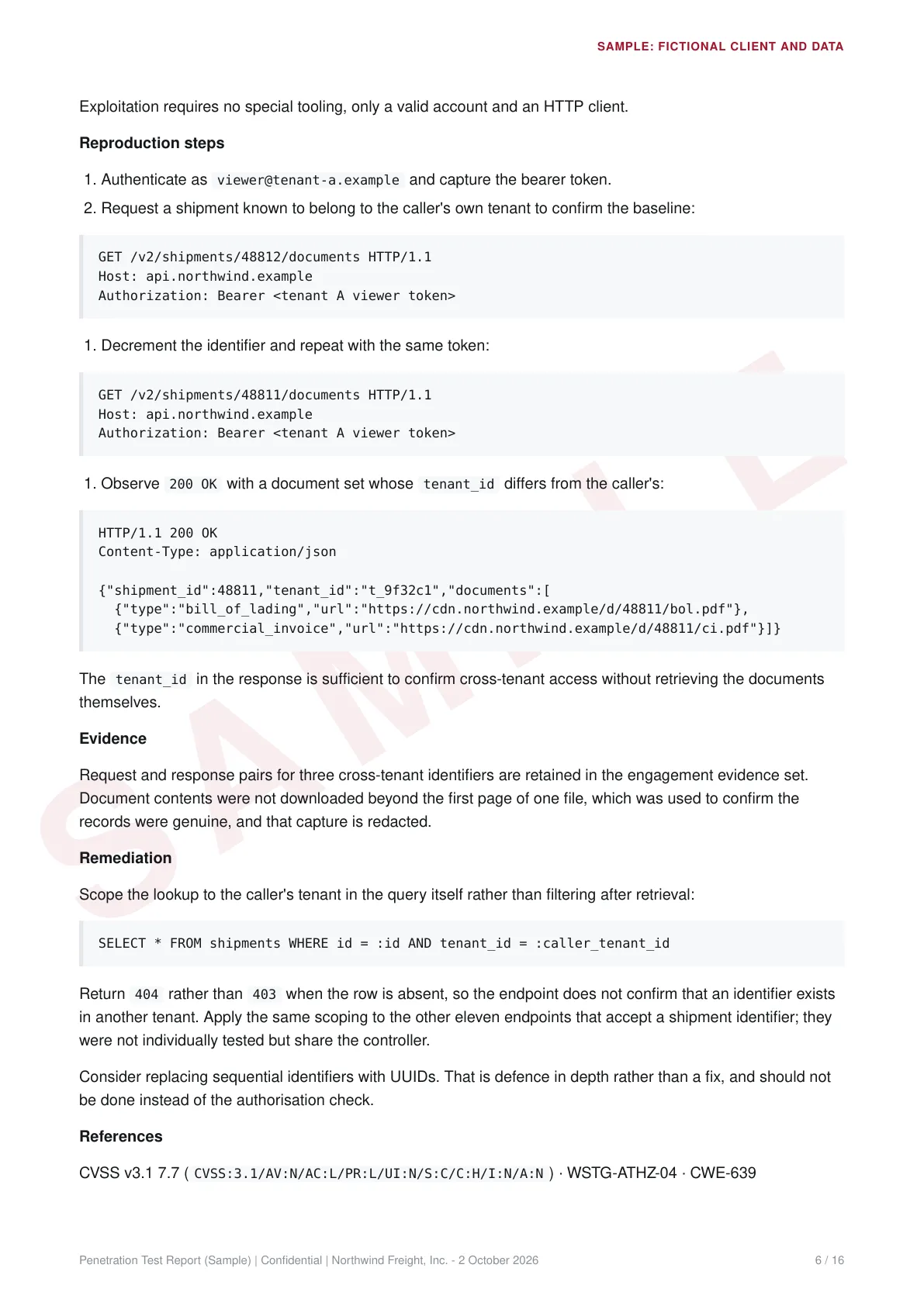 A findings page of the sample report